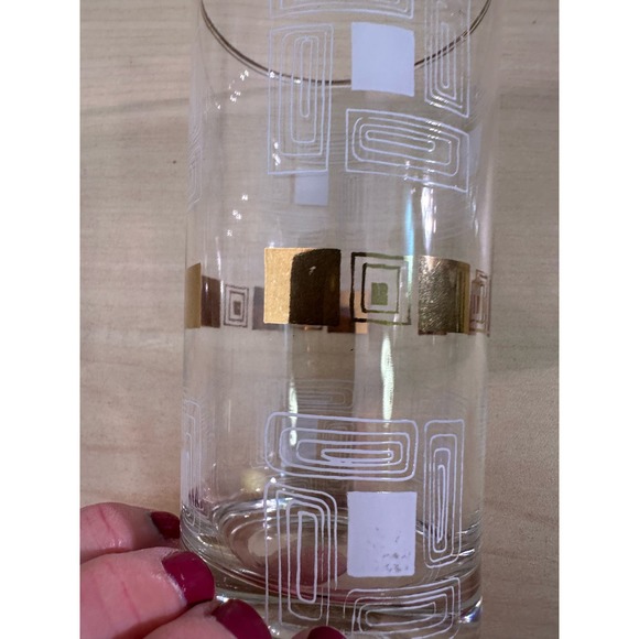 8 Vintage 1950's Block Geometric Tom Collins Glasses Gold Rim Metal Carrier - Picture 9 of 12